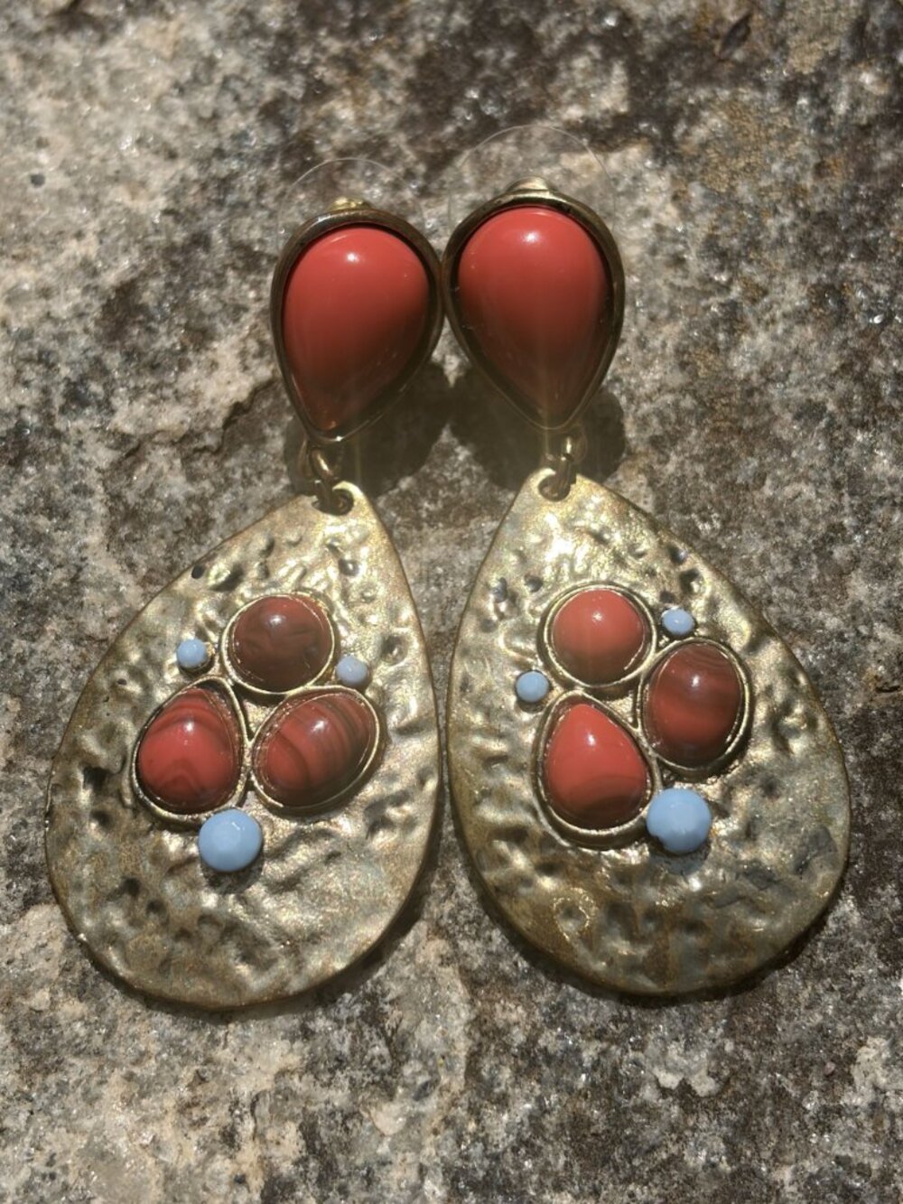 Boho Coral Pink Turquoise Blue Teardrop Dangle Earrings Hammered Brass 2.5"